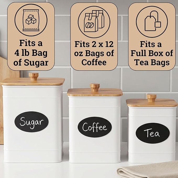 Kitchen Canisters for Countertop Set of 3 w/ Chalkboard Labels & Marker Pen | Airtight Easy Open Bamboo Lids, Dent-Resistant Thick Metal, Customizable Chalkboard Labels, Marker Pen Included, Set of 3