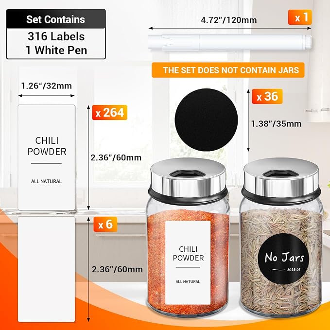 Segarty Spice Label Stickers, 316 Pcs Square White Preprinted Spice Label and Blank Chalkboard Stickers Set with 1 Chalk Marker, Waterproof Removable Condiment Label for Canister, Food Container