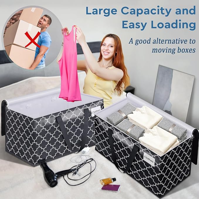 Extra Large Moving Bags, Heavy-Duty Storage Totes with Zipper Top and Sturdy Handles, Moving Supplies for Space Saving and Packing, Collapsible Storage Bags, Black & Gray, 125L, 4-Pack