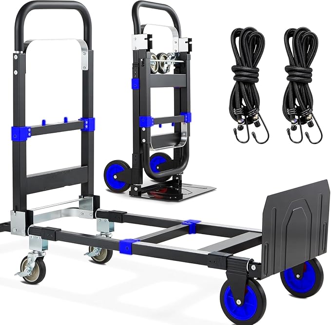 3-in-1 Folding Hand Trucks, 600Lbs Convertible Hand Truck Dolly, Heavy Duty Convertible Dolly with Retractable Handle and 4 Rubber Wheels, Collapsible Cart for Moving Office/Home/Warehous(Blue)