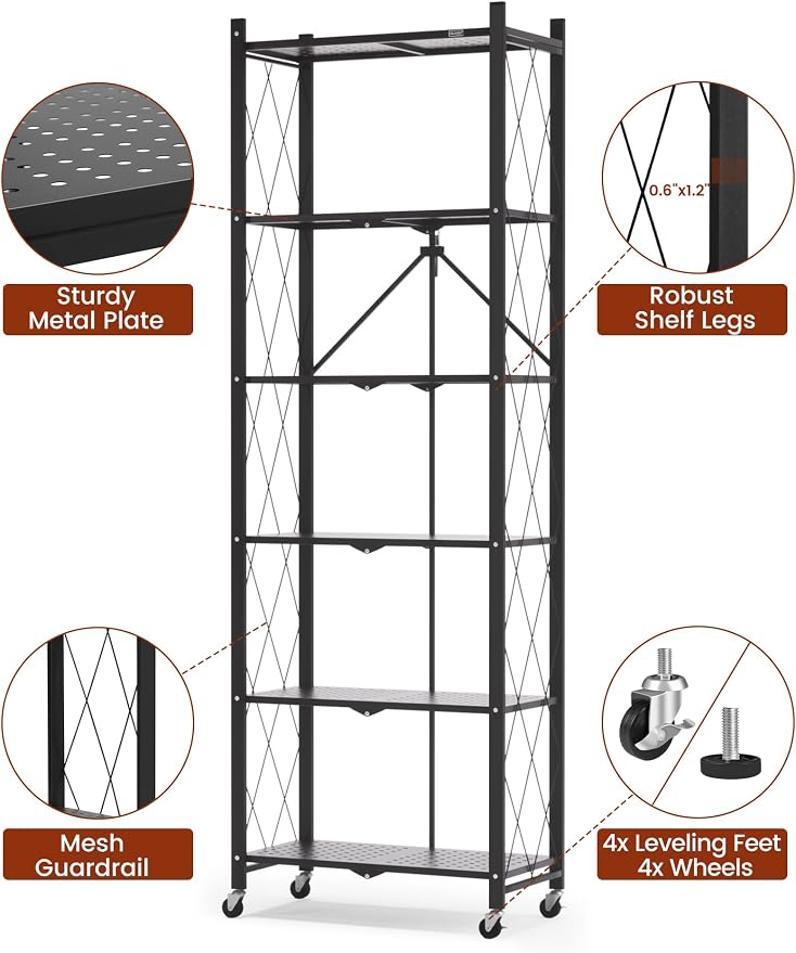 ALANNG 73.6 Inch Folding Bookshelf, 6 Tier Metal Bookcase and Bookshelves | Tall Shelves for Living Room Office Bedroom, Heavy Duty Book Shelve Free Standing Open (Black, 4PACK)