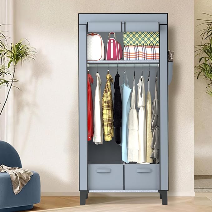 Portable Closet Wardrobe Closet for Hanging Clothes with 3 Hanging Rods for Bedroom, Non-Woven Fabric Clothes Closet for Living Room Easy Assemble (Gray, 2 Columns, 23.2 inch Width)