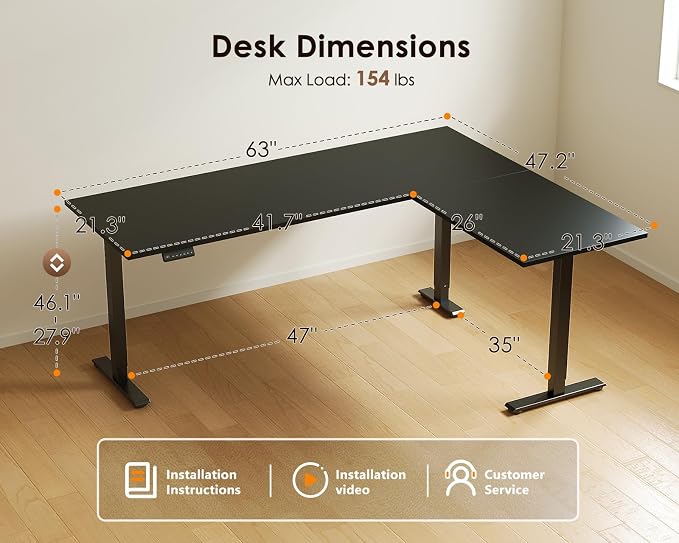 OffiGo 63 Inch Reversible L Shaped Electric Standing Desk, Black | Large Corner Height Adjustable Stand Up Desk, 3 Memory Presets, Sit Stand Table, Reinforced Frame for Home Office Workstation