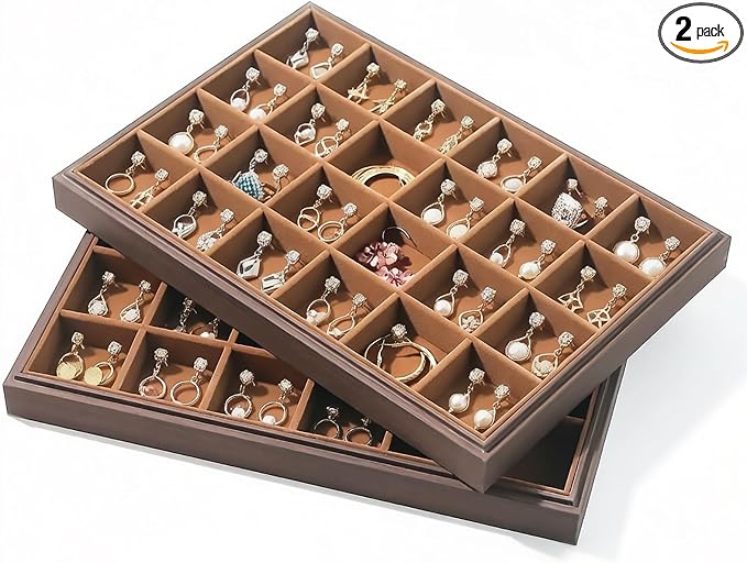 Wood Jewelry Organizer Tray, Earrings Holder (Brown, 2Pc, 24 Grids) | Stackable Earrings Organizer, Earrings Display Tray, 24 Grids Ring Holder, Space-Saving Storage