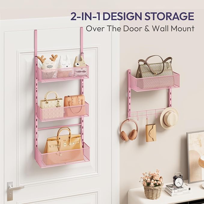 SWTYMIKI Over the Door Purse Organizer - Wall Mounted Purse Rack with 4 Adjustable Metal Basket and 6 Hooks, Hanging Bag Rack for Handbag Organizer, Bag Storage Can Use As 1/2 Part, for Door, Closet