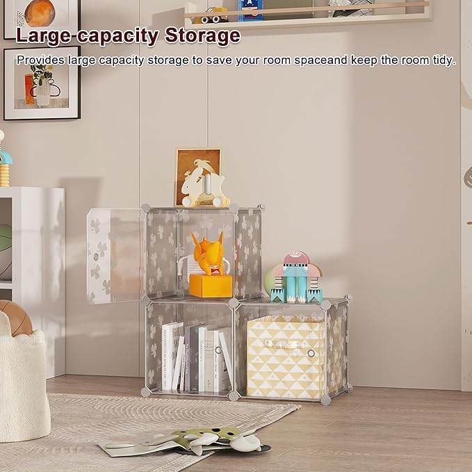 C&AHOME Cube Storage Organizer with Doors, 3-Cube Shelves, DIY Plastic Modular Bookshelf, Closet Clothes Storage Shelving Ideal for Bedroom, Living Room, Clover Embossed, White