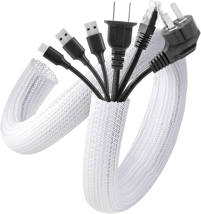 AGPTEK White Cable Sleeve, 2 Pack 5ft - 1.2 Inch Cable Management, Desk Cord Cover Organizer Wire Hider for Computer TV Wire Loom Tubing, Pet Proof Cord Protector from Cat Dog Chewing, White