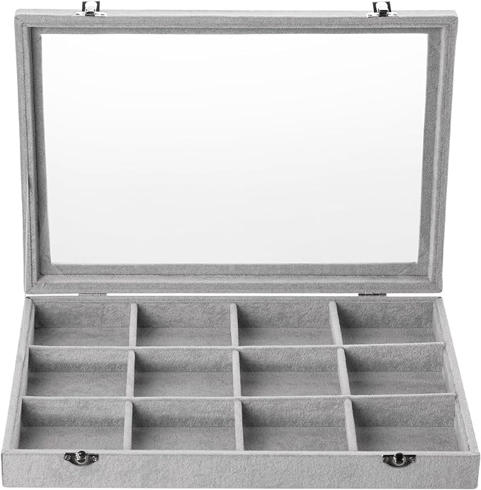 Frebeauty 12 Grid Bracelet Holder Box,Velvet Jewelry Tray with Clear Lid | Real Glass Lid,Bracelet Display,Jewelry Organizer for Bangle Brooch,Adjustable Divider,Dustproof Design,13.8×9.5Inches