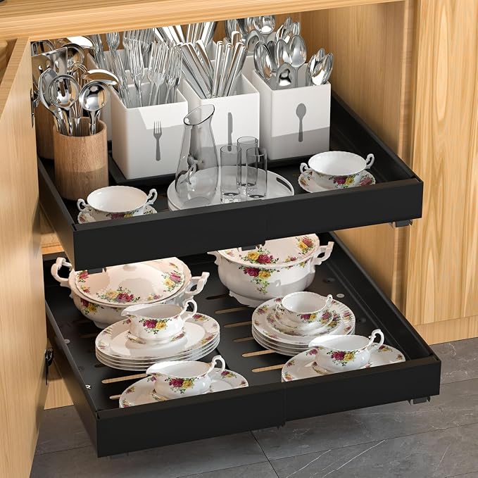 4 Pack Expandable Pull Out Cabinet Organizer | fixed by nano adhesive film, no drilling,heavy duty sliding drawer,suitable for kitchen, pantry cabinet storage