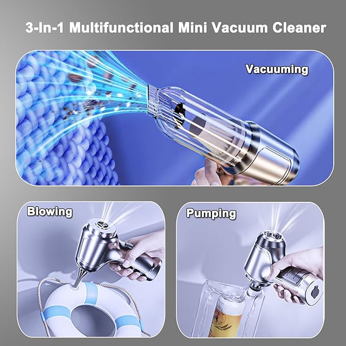 Wireless Portable Mini Car Vacuum Cleaner,Brushless Motor Handheld Cordless Recrghaeable Vacuum,15000PA 3 in 1 Vacuum for Men, Women,Car,Desktop Home Cleaning (Silver Grey Pro)