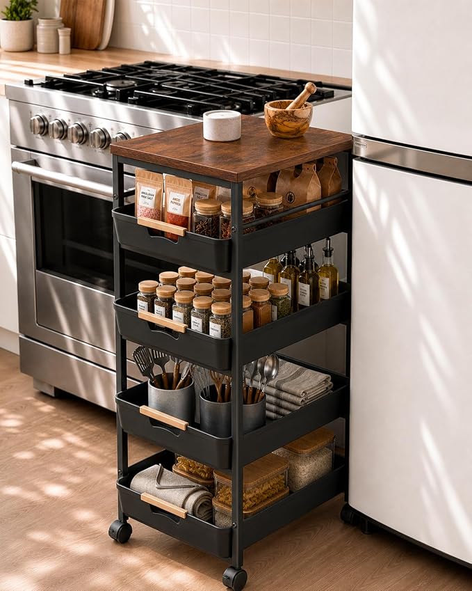 Pipishell Rolling Storage Cart with Drawers & Lockable Wheels, 5 Tier Kitchen Cart with Safety Stops & Vented Design, Wood Top, Pull-Out Utility Cart for Kitchen, Home Office, Bedside, Black