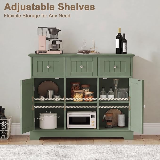 ChooChoo 35.4" Coffee Bar Cabinet with 3 Drawers and 2 Doors, Green | Buffet Cabinet with Adjustable Shelves, Storage Cabinet for Compact Kitchens, Dining rooms and Living rooms