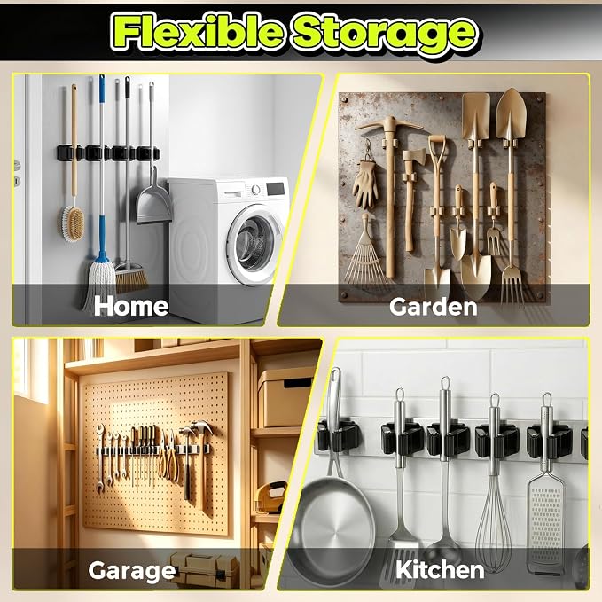 Magnetic Broom and Mop Holder Wall Mount,Black 2 Pack | Space-Saving magnetic broom holder, heavy duty magnet hooks, no-drill over the door broom gripper,RV Camper Wall Organizer
