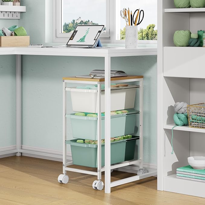 Slim Rolling Storage Cart with 3 Drawers, Craft Organizer, Wooden Tabletop Utility Cart for Bedroom, Children's Room and Office Organization, Under Desk Trolley with Lockable Wheels, Green