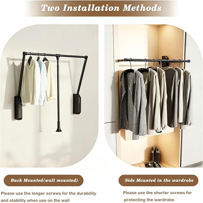Black 35"-48" Pull Down Closet Rod Stainless Steel 60lbs Load Capacity | Heavy Duty Adjustable Hanging Closet Rod,Side & Back Mounted Black Pneumatic Closet Valet Rod for Wardrobe