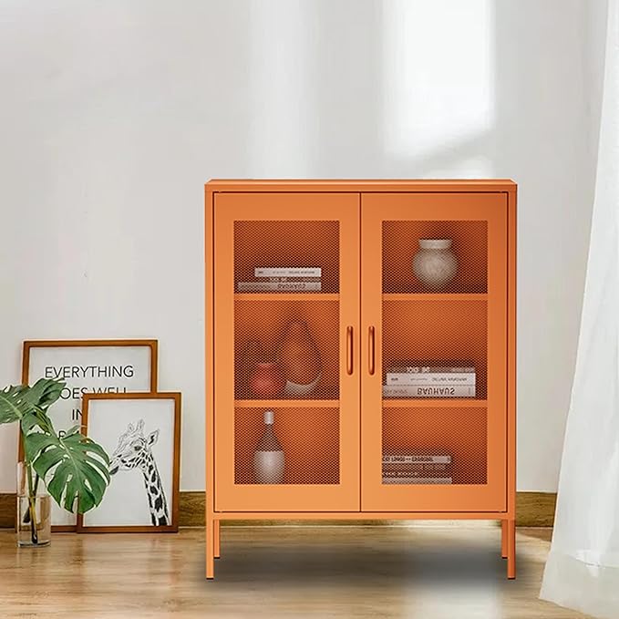 Ustamio Orange Metal Storage Cabinet with Mesh Doors, Small Office Cabinet with 2 Adjustable Shelves, Accent Metal Locker Storage Cabinet for Home, Office, Living Room, Hallway