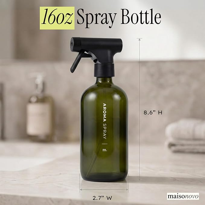 MAISONOVO Dark Green Glass Spray Bottle 16 oz Pack of 2 - Dark Green Spray Bottle for Plants with Fortified Glass & Fine Mist - Ideal for Gardening, Misting, Seedlings & Indoor Plant Care - 16 Labels