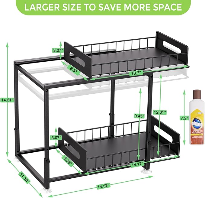 Under Sink Organizer and Storage, 2 Tier Pull Out Under Cabinet Organizer Shelf, Adjustable Height, Thickened Metal Slide Out Under Sink Storage for Kitchen Bathroom Cabinet