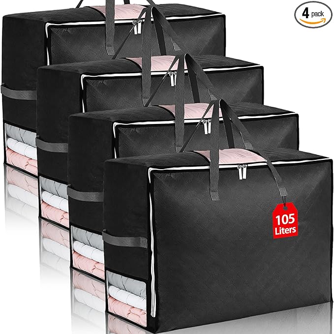 4 Pack 105L Extra Large Comforter Storage Bag, Foldable Bedding Storage Blanket Moving Bags for Clothes Pillows Sweater Dorm, Linen Closet Organizers with 4 Handles & 3 Clear Windows, Black