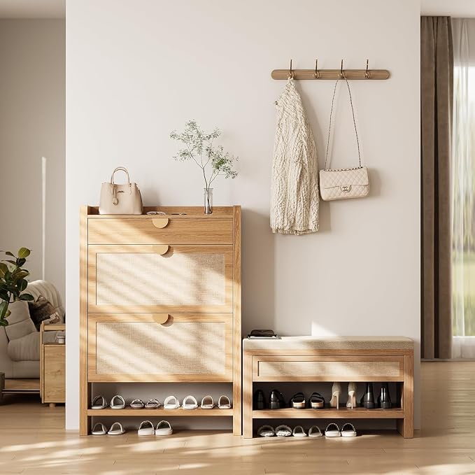INNOD Shoe Bench with Storage Drawer, Farmhouse Wooden Entryway Bench with Linen Cushion, Freestanding Shoe Rack with Open Shelf for Hallway Front Door Living Room Bedroom