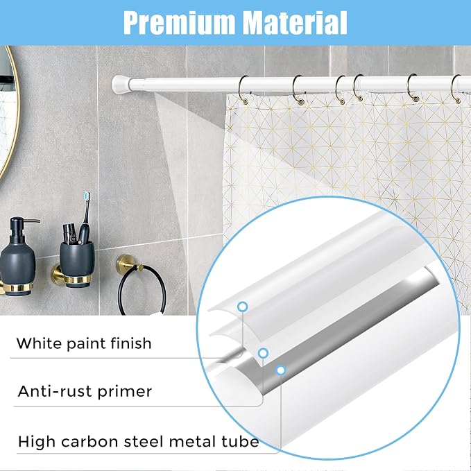 AIZESI 2PCS Shower Curtain Rod 30-64 Inch Adjustable Curtain Rods Never Rust & Non-Slip No Drilling Shower Rod Spring Tension Curtain Rod for Bathroom Doorway Window Closet Cupboard, White