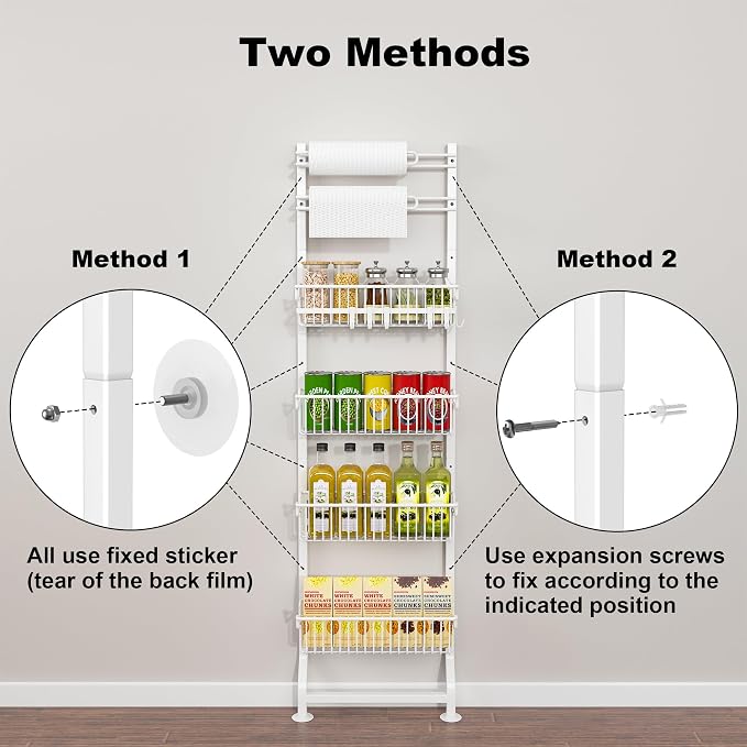 BUKFEN 6-Tier Slim Corner Shelf, Spice Rack Next to Fridge Slim, Narrow Storage Cabinet Organizer for Kitchen,Bathroom，White