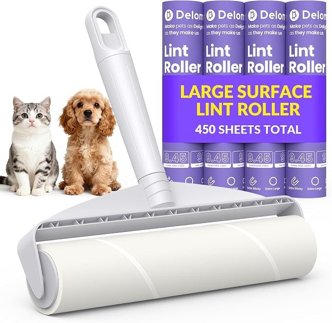 DELOMO 9.45” Large Lint Roller for Pet Hair, Short Handle for Couches | Extra-Wide Sticky Roller, 450 Extra Sticky Sheets, Cleans Faster on Sofa, Beds, Carpets, Clothing, Furniture & Car Seats