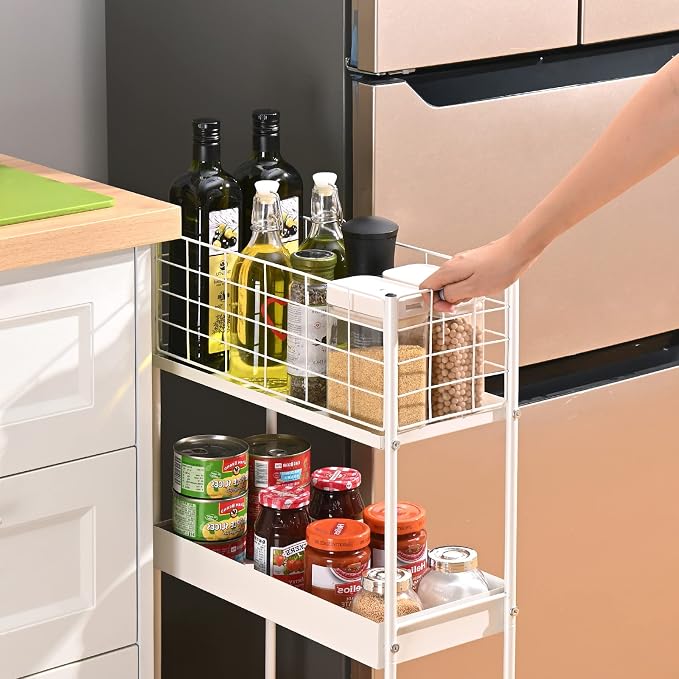 KINGRACK Slim Rolling Storage Cart 3 Tier - Heavy Duty Metal Utility Cart with Raised Edge & Wheels, Narrow Small Mobile Organizer Shelves for Bathroom, Kitchen, Laundry, Office, Living Room, White