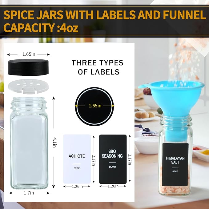 48 Glass Spice Jars with Labels, Spice Jar Set, 4oz Spice Containers, Seasoning Containers with Black Airtight Lids and Shaker Lids, Square Empty Spice Bottles, 492 Labels, 1 Funnel
