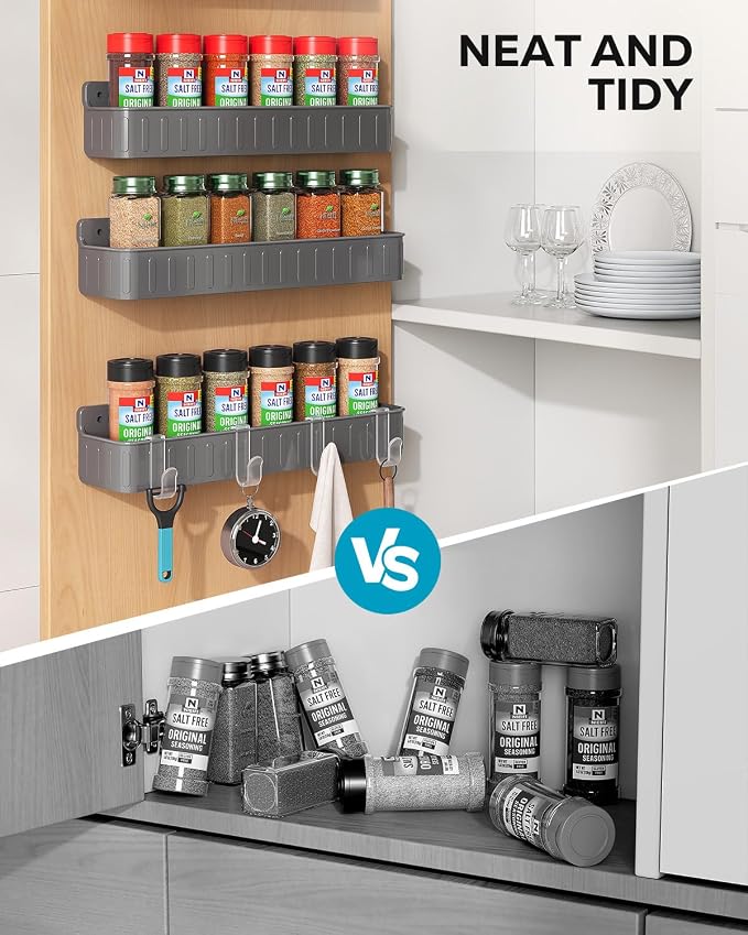 Nieifi Spice Rack Wall Mount, 4 Pack, Grey, 2 Inch Depth, Screw or Adhesive Installation, Spice Rack Organizer for Small Spice Jars, Suitable for Kitchen Cabinet or Pantry Door