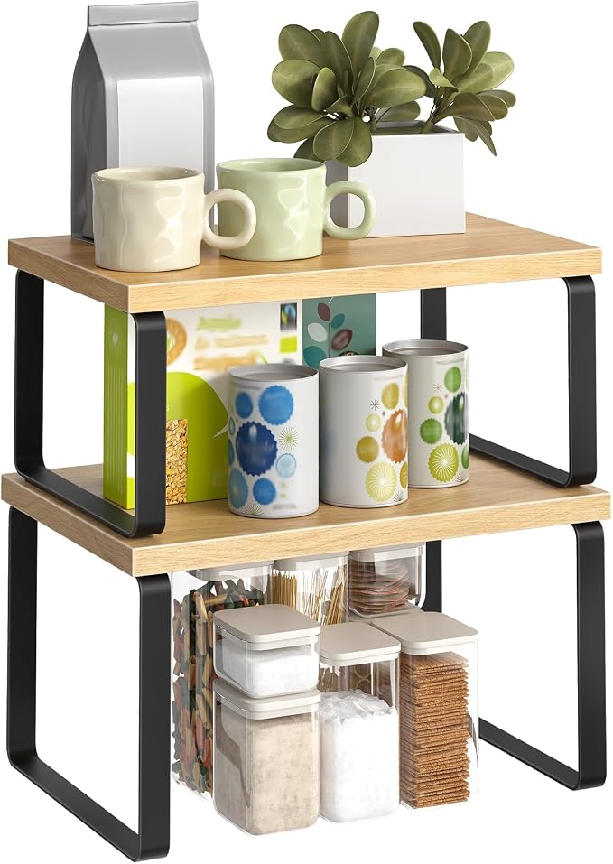HOOBRO Cabinet Organizer Shelf, Set of 2, Kitchen Countertop Organizer, Kitchen Countertop Shelf, Spice Rack for Counter, Stackable, Expandable for Cabinet, Kitchen, Natural and Black BN33TL01