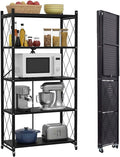 5 Tier Foldable Storage Shelf with Wheels, Heavy-Duty Metal Shelving Unit, No Assembly Book Shelf Rolling Storage Rack for Garage, Kitchen, Pantry, Closet, Exhibition, Office Decor, Black
