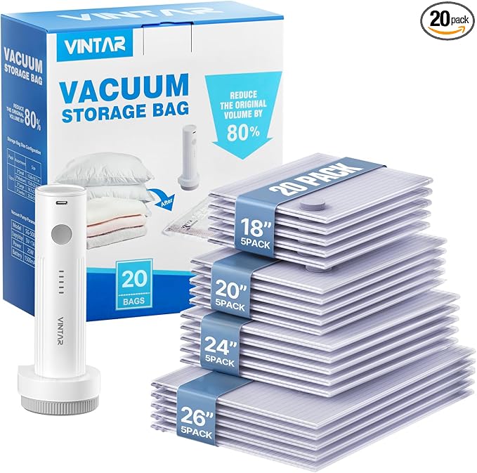 Vacuum Seal Bags for Clothing Travel, VINTAR 20 Pack Vacuum Storage Bags with Rechargeable Wireless Pump, Space Saver Bags(5 Jumbo+5 Large+5 Medium+5 Small) for Travel Luggage, Suitcase Storage