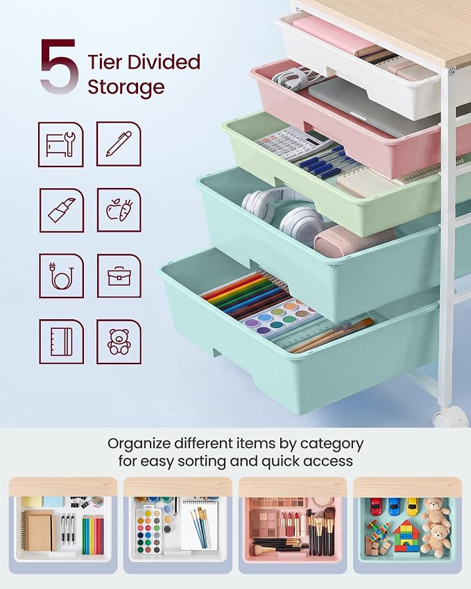 VASAGLE 5-Drawer Rolling Storage Cart, Mobile Organizer Trolley with Wood Top and Metal Frame, for Craft Room, Office, 15.6 x 11.2 x 24.8 inch, Multicolor, BENCO Collection ULRC005X101