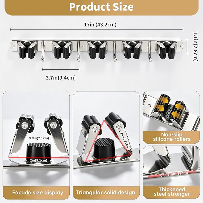 5 Racks 4 Hooks Mop and Broom Holder Wall Mount,Broom Organizer | Heavy Duty Rust-Resistant Utility Hangers, Non-Slip Grip Stainless Steel Tool Rack, Space Saver Clutter-Free Home, 1 Pc Black