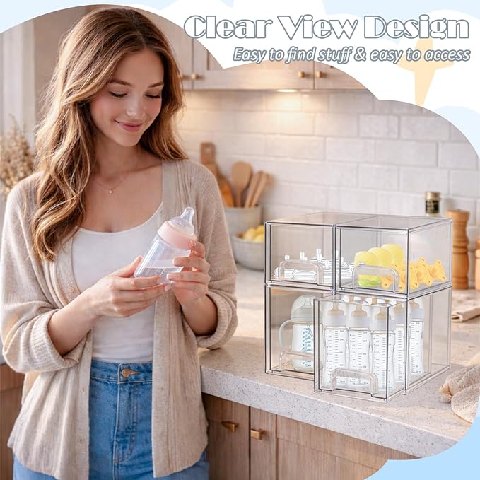 Baby Bottle Organizer with Hooks - 4 Pack Stackable Storage Drawer | Baby Bottle Organizers and Storage, Clear Acrylic Multipurpose Bottle Storage for Countertop