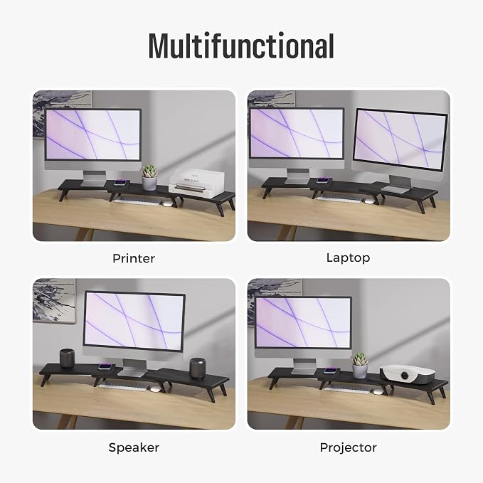 loukin Dual Monitor Stand Riser for Desk, 43.6"×8.2" Computer Stand, Black | Supports 22 lb, No Installation Required, Water-Resistant Surface, Fits Laptops and Printers, Ergonomic Design