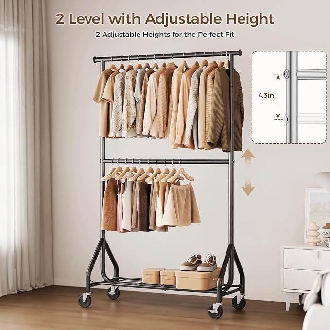 HYSEYY Heavy Duty Clothes Rack, Double Rod Clothing Rack for Hanging Clothes, Rolling Garment Rack, Adjustable Freestanding Wardrobe Closet Coat Rack for Bedroom Laundry Living Room, Black