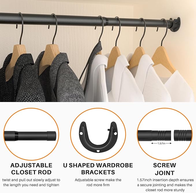 SUTINE Closet Rod for Hanging Clothes, 17 to 37 Inch Adjustable Closet Hanging Rod, Heavy Duty Clothes Hanging Rod Bar Black Metal Closet Poles with Threads for Wardrobes, Closet, Bathroom, Windows
