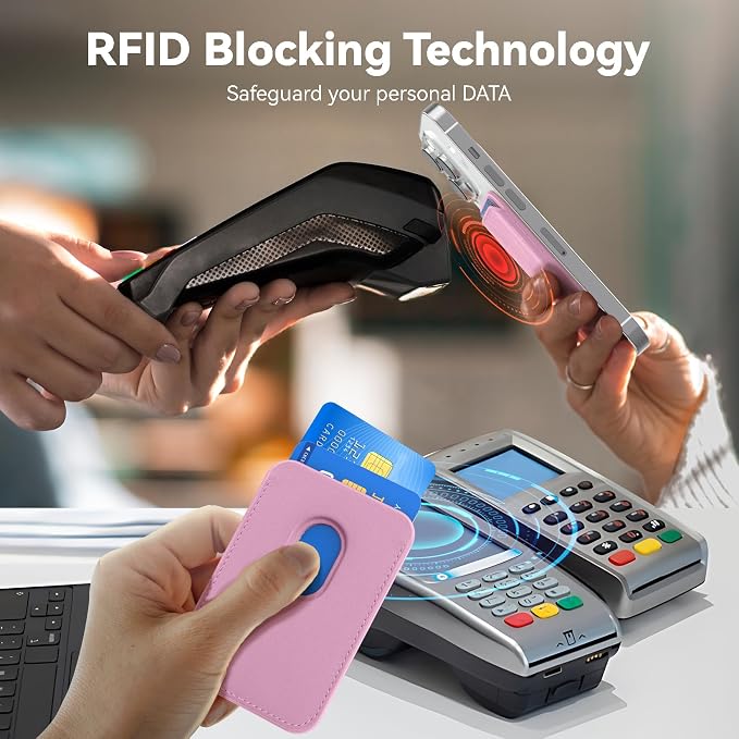 Magnetic Wallet Cell Phone Card Holder for Phone Case with Mag-Safe, Stronger Magnetic RFID Leather Phone Wallet Stick on Series of iPhone 17/16/15/14/13/12 and Pro/Promax, Pink