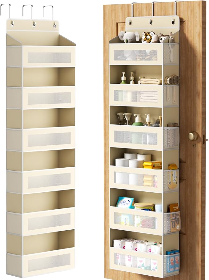 Over The Door Organizer with 6 Large Pockets, Over the Door Storage 12 Side Pockets, Hanging Door Organzier 44 lb Load Behind Door Storage Hanging Shelf for Closet Wall Bathroom Nursery, 6-Tier Beige