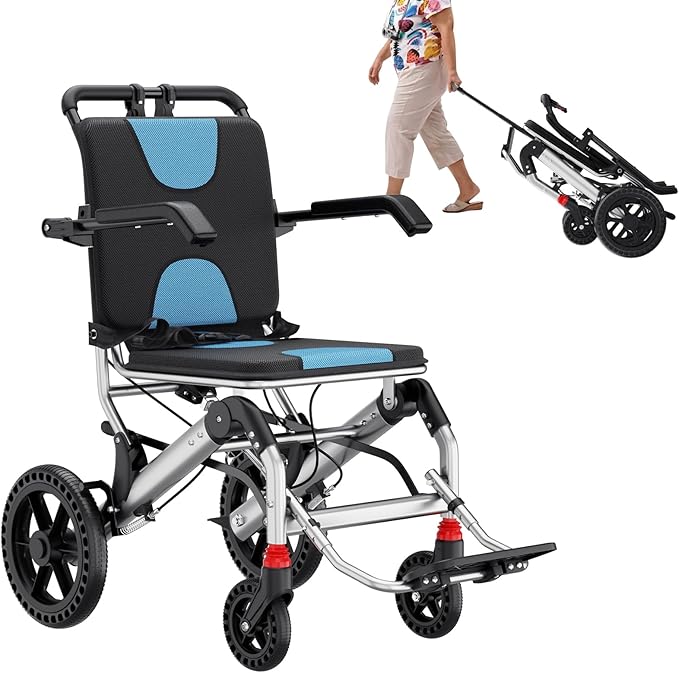 Lightweight Wheelchairs Transport Chair Lightweight Foldable with Telescopic Handle, Portable Folding Travel Transfer Wheel Chairs with Hand Brake for Seniors & Adults
