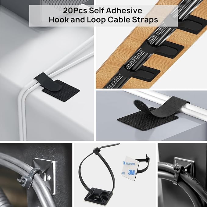 Cable Management Kit - 4 Cable Sleeve, 28 Self Adhesive Cable Clips, 29 Cord Holders, 10+2 Roll Cable Organizer Straps and 100 Fastening Cable Ties for TV Computer Under Desk (Black)