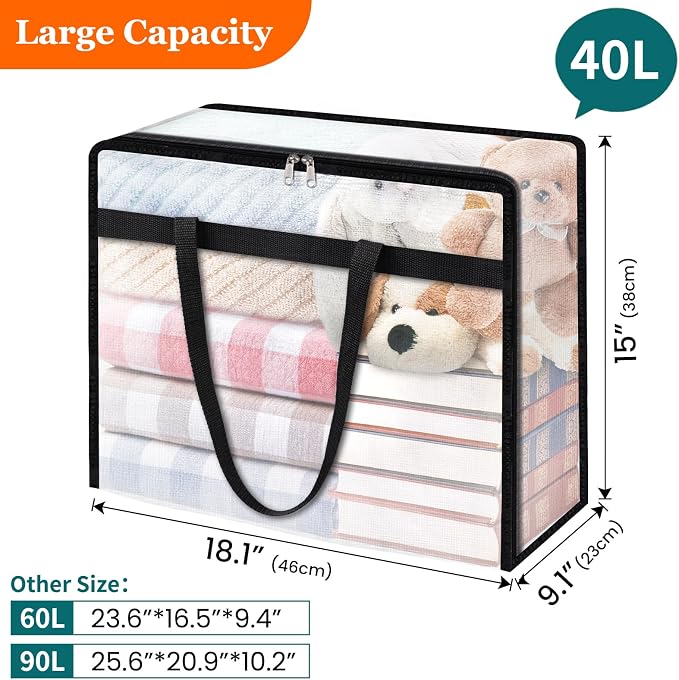 TasticTotes 8 Pack Clear Storage Bags for Comforter, Clothes & Bedding, 40L | Plastic Blanket Storage with Zipper & Handle, Foldable Moving Bags, Closet Organizer and Under-Bed Storage Containers
