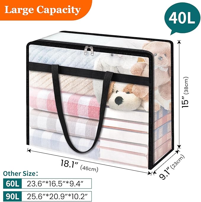 TasticTotes 4 Pack Clear Storage Bags for Comforter, Clothes & Bedding, 40L | Plastic Blanket Storage with Zipper & Handle, Foldable Moving Bags, Closet Organizer and Under-Bed Storage Containers