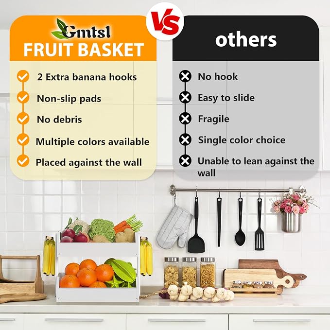 Gmtsl Bamboo Fruit Basket for Kitchen, Fruit Holder for Kitchen Countertop | 2 Tier Fruit bowl for Kitchen Counter, Fruit Stand, Vegetable Basket Storage, Produce Organizer, Bread Snack Display(White)