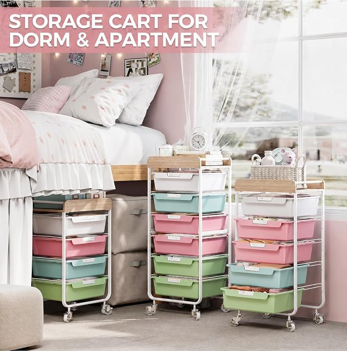 Rolling Craft Storage Cart with 4 Drawers,Utility Cart with Drawers,Art Craft Organizers and Storage,Kids Craft Cart,Kids Art Cart With DIY Lable and Wooden Tabletop Area,Colorful