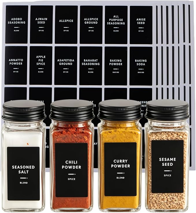 192 Spice Labels,Black Preprinted Waterproof Stickers,Herb&Seasoning Labels | for spice jars;for spice rack with jars