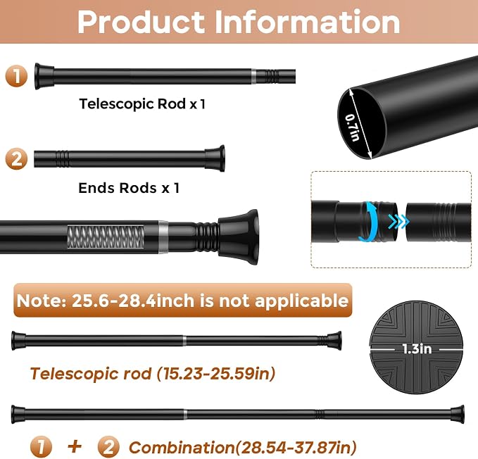 4 Pack Spring Tension Curtain Rods 16-36 Inches, Spring Loaded Curtain Rods No Drilling, Adjustable Expandable Tension Rod for Window Doorway Doorway Kitchen Curtain Bedroom Closet, Black