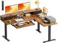 OffiGo 59 Inch L Shaped Electric Standing Desk with Drawers, Rustic Brown | Monitor Stand, Keyboard Tray, Fabric Drawer, Power Outlets, Height Adjustable Corner Stand Up Desk for Organized Home Office